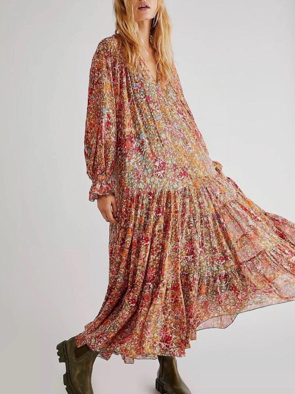 Free People Meadow Tiered Sheer Maxi Dress Rust and Pink Floral